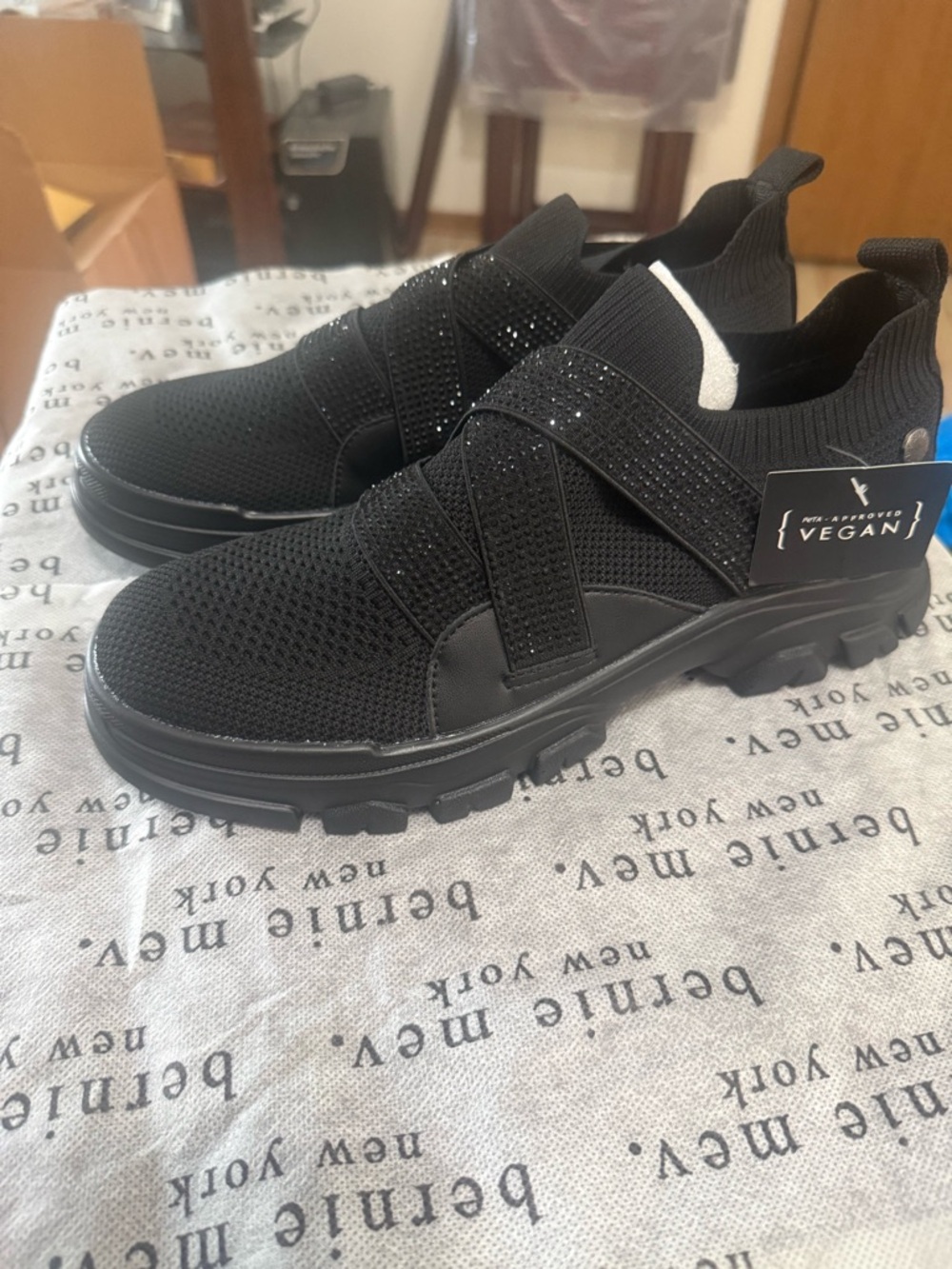 bernie mev. Black Sparkle Knit Slip-On Sneakers with Strap